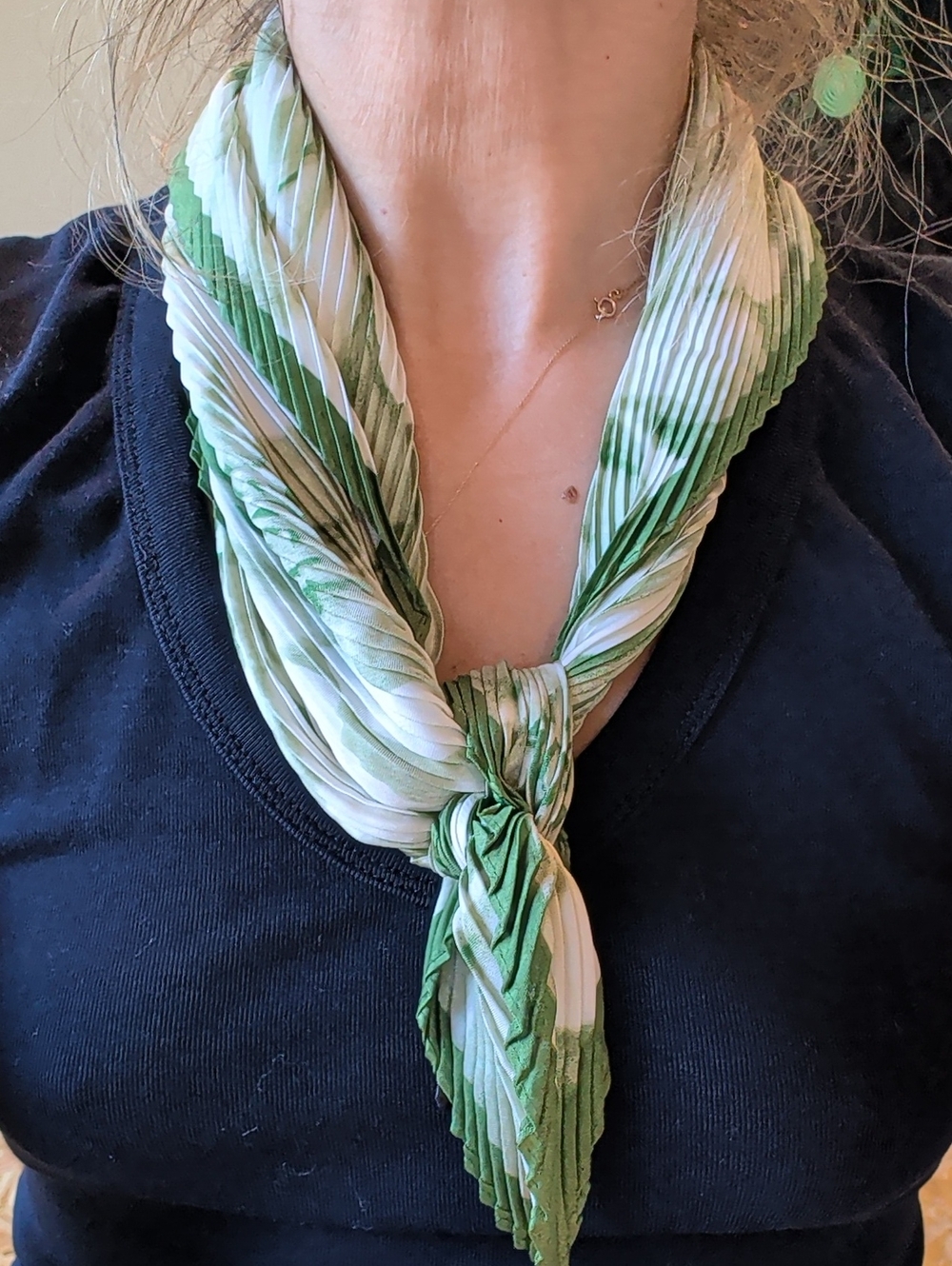 Pleated Green and White Women's Scarf - Lightweight Fashion Wrap